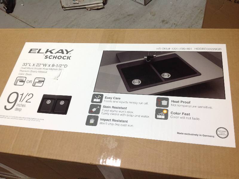 lot 14 image: Elkay by Schock Dual Mount Quartz Composite 33 in. Double Bowl Kitchen Sink not used