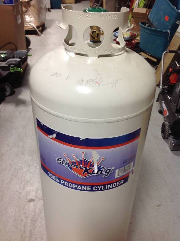 lot 28 image: Flame King 100 lb. Empty Propane Cylinder with POL Valve in good condition