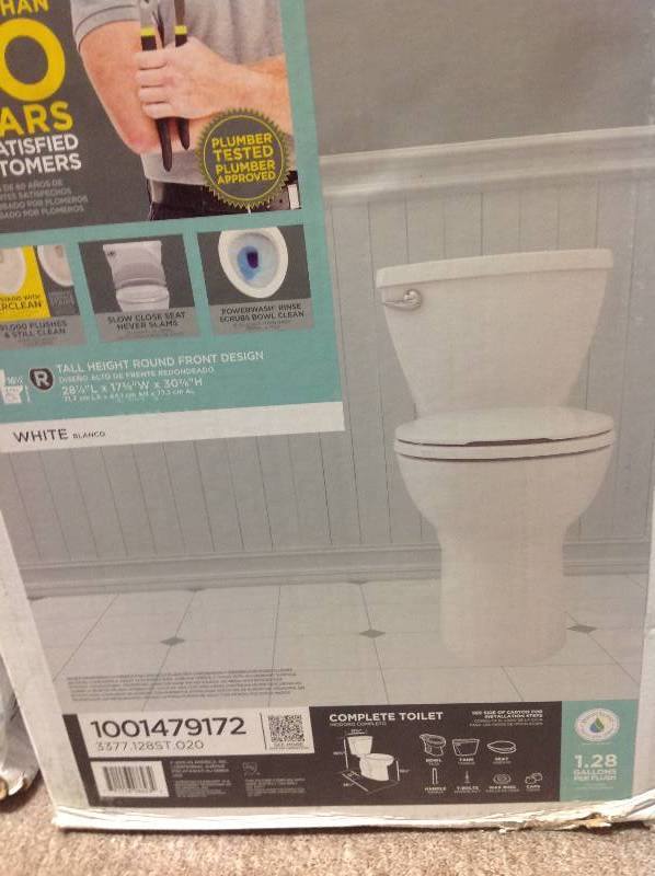 lot 37 image: American Standard Cadet 3 Tall Height Complete 2-Piece 1.28 GPF Single Flush Round Toilet in White with Slow Close Seat not used