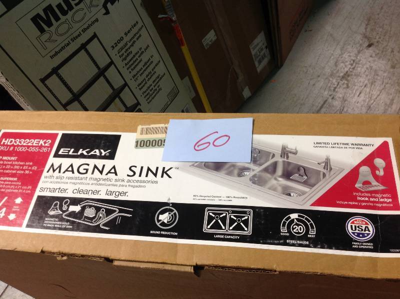 lot 60 image: Elkay Magna Drop-In Stainless Steel 33 in. 2-Hole Double Bowl Kitchen Sink not used