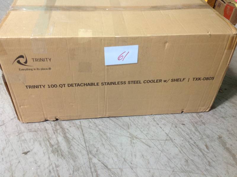 lot 61 image: Trinity 100 Qt.25 Gal. Stainless Steel Wheeled Cooler with Detachable Tub in good condition