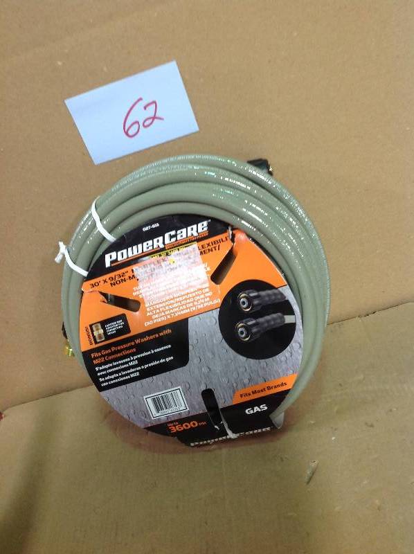 lot 62 image: Power Care 3,600 psi 932 in. x 30 ft. ReplacementExtension Hose with Adapter for Gas Pressure Washer not used