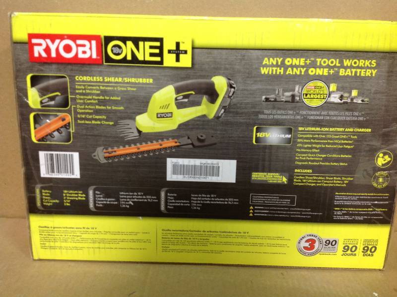 lot 63 image: Ryobi One 18-Volt Lithium-Ion Cordless Grass Shear and Shrubber Trimmer in good condition