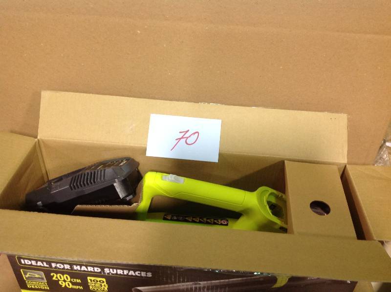 lot 70 image: RYOBI One 90 MPH 200 CFM 18-Volt Lithium-Ion Cordless Leaf Blower - 2.0 Ah Battery and Charger Included in good condition