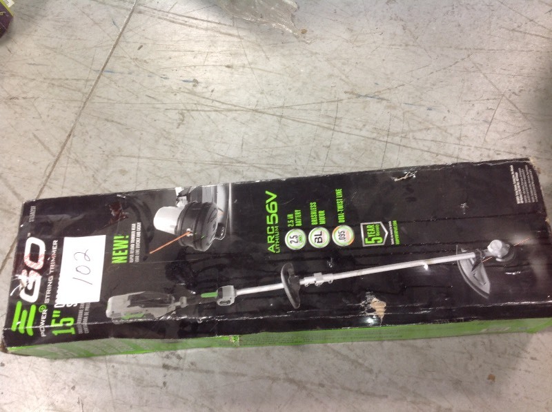 lot 102 image: EGO 15 in. 56-Volt Lithium-ion Electric Cordless String Trimmer wRapid Reload Head with 2.5Ah Battery and Charger Included in good conditions