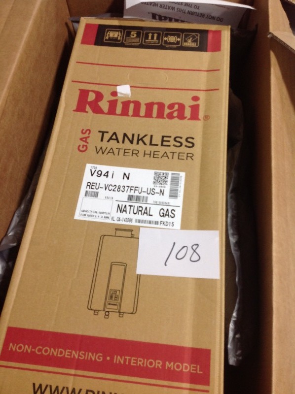 lot 108 image: Rinnai High Efficiency 9.8 GPM Residential 199,000 BTU Natural Gas Interior Tankless Water Heater in good conditions