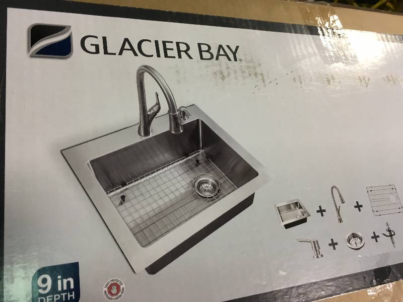 Glacier Bay All-in-One Dual Mount Stainless Steel 25 in. 2-Hole Single Bowl Tight Radius Kitchen Sink in Brushed Finish with Faucet  in good condition