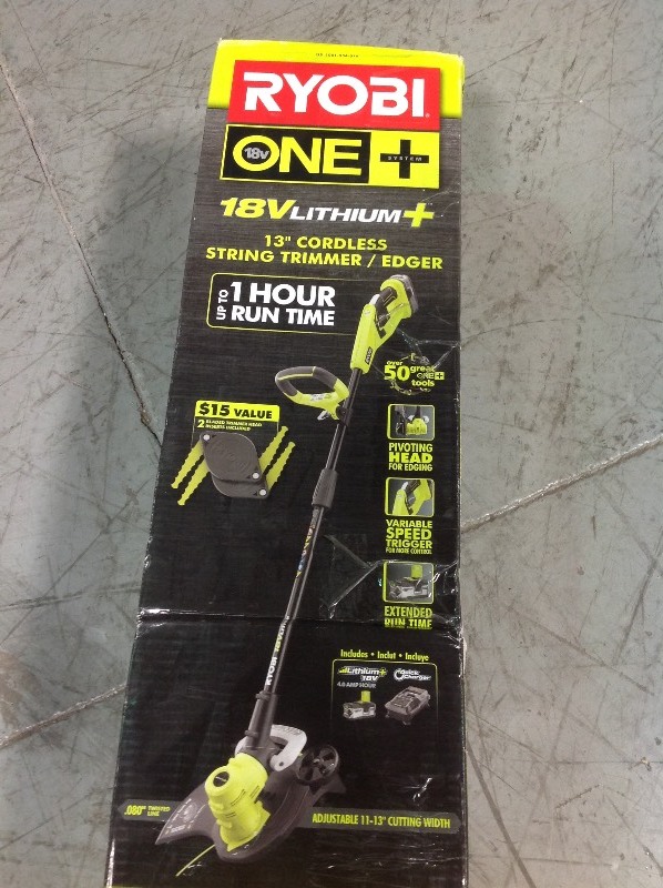 RYOBI ONE 18-Volt Lithium-Ion Electric Cordless String Trimmer and Edger - 1.3 Ah Battery and Charger Included in working conditions