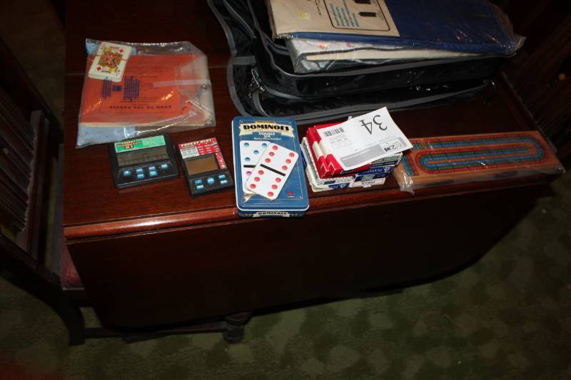 lot 34 image: Playing Cards, Cribbage Board, Poker, Pocket Slots, Dominoes Double Six