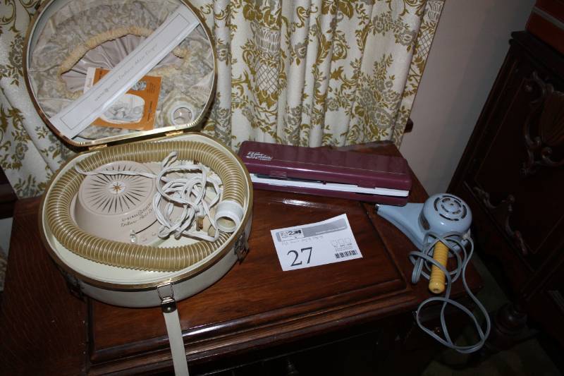 lot 27 image: Vintage GE Salon Hair Dryer, Kenmore Hand Hair Dryer, Conair Wave Makers Professional Curling Iron