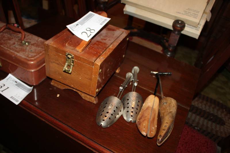 lot 28 image: Shoe Shine Kit with Wood Case, Shoe Stretchers
