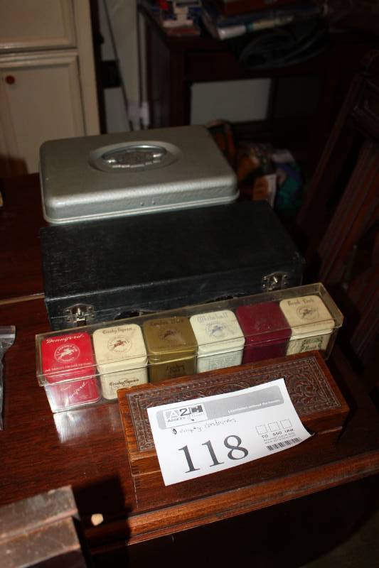 lot 118 image: Empty Tin Containers with Lids, Metal Boxes, Wood Box, Musical Instrument Case