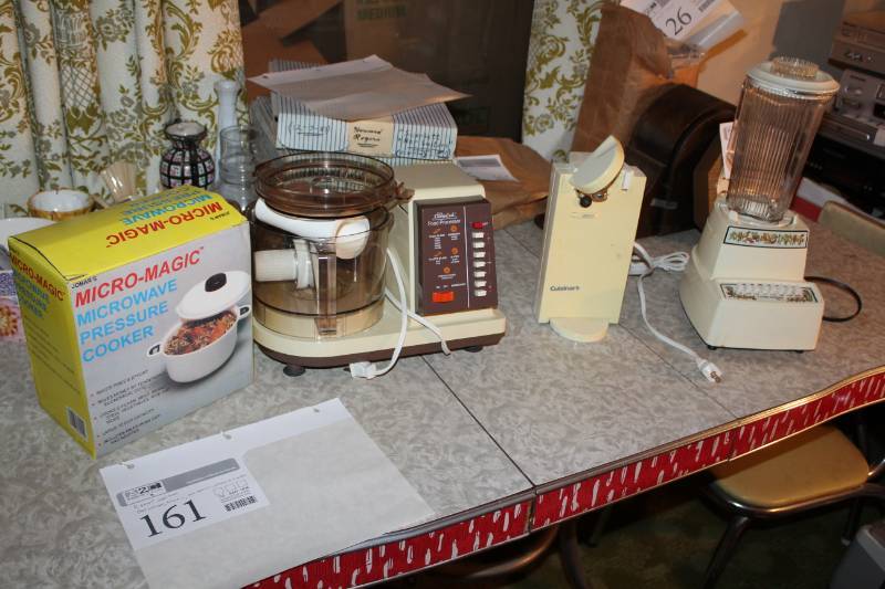 lot 161 image: Kitchen Appliances - Sears CounterCraft Food Processor, 7-speed Blender, Quisinart Can Opener, Micro-Magic Pressure Cooker