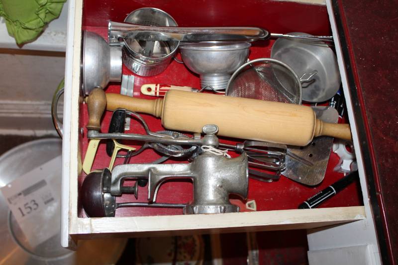 lot 148 image: Cooking Utensils, Rolling Pin, Sifters, Grinder, Mixer, And More