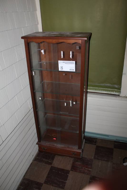 lot 8 image: Wood Display Hutch with Sliding Glass Doors and 4-Glass Shelves, Bottom Drawer