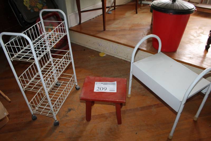 lot 209 image: Stools, Rolling Wire Basket