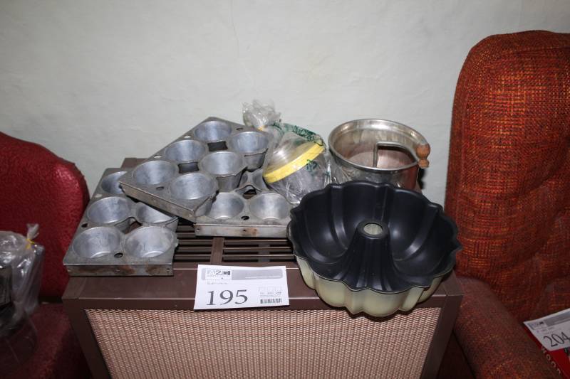 lot 195 image: Bakeware - Cupcake Tins, Cake Molds, Manual Sifter