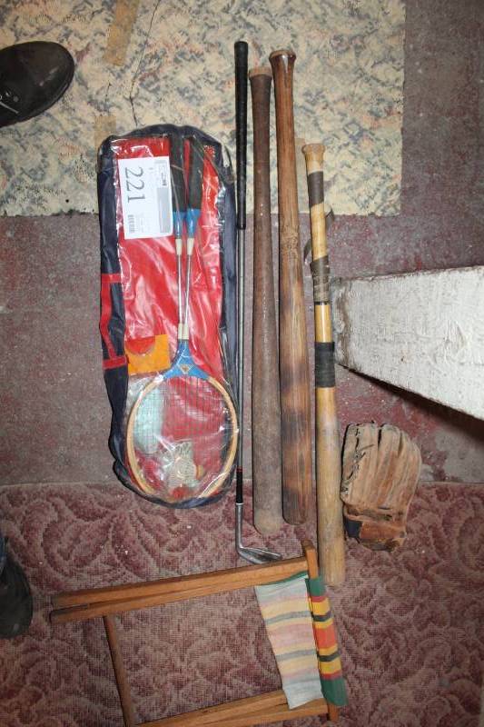 lot 221 image: Badmitton Set, Golf Club, Baseball Bats, Baseball Glove, Folding Chair