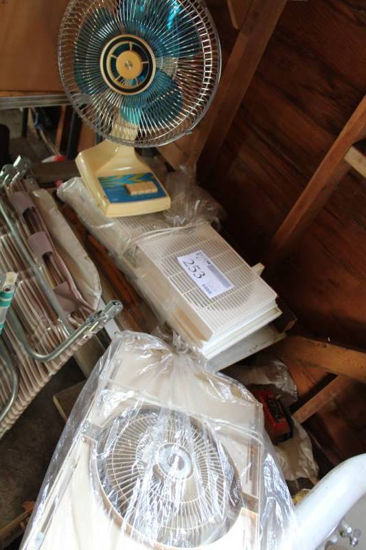 lot 253 image: Fans - Montgomery Ward Oscillating Table Fan, Galaxy Exhaust Wall Fan, Sears Wall Fan