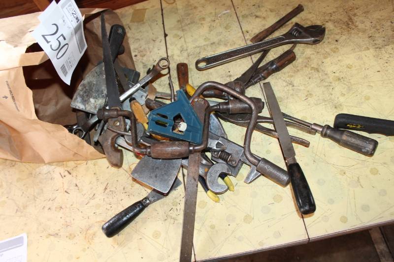 lot 250 image: Files, Wrenches, Hand Drills, Putty Knives, And More