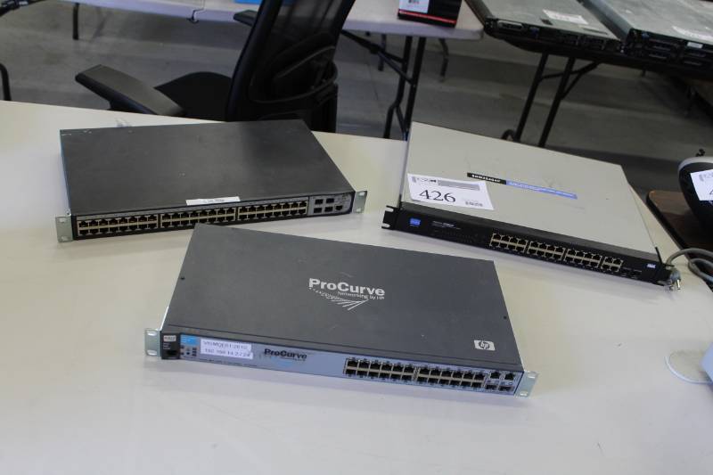 lot 426 image: HP Rack-Mount ProCurve Switch 2610-24 J9085A, 3Com Rack-Mount Baseline Switch 2948-SFP Plus 3CBLSG48, Linksys SRW224G4P Business Series 24-Port 101004-Port Gigabit Switch PoE