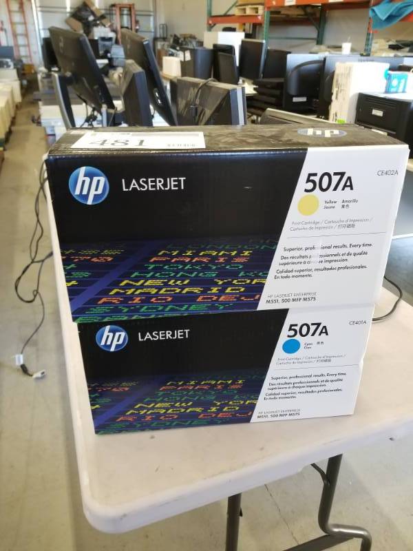 lot 481 image: Lot of (2) HP LaserJet 507A Ink Cartridges - (1) Yellow, (1) Cyan