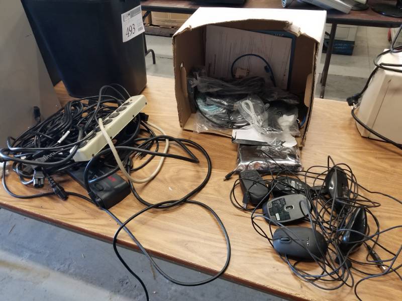 lot 495 image: Box lot of Computer networking cables, power strips, power cords