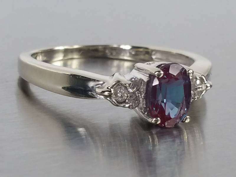 Natural Alexandrite and Diamond Estate Ring in 14k White Gold
