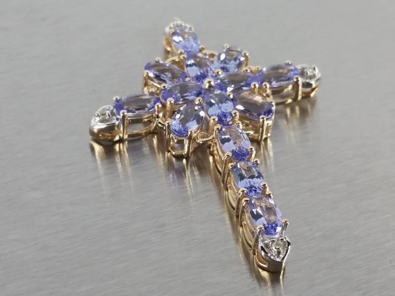 Natural Tanzanite Cross Pendant in 14k Gold