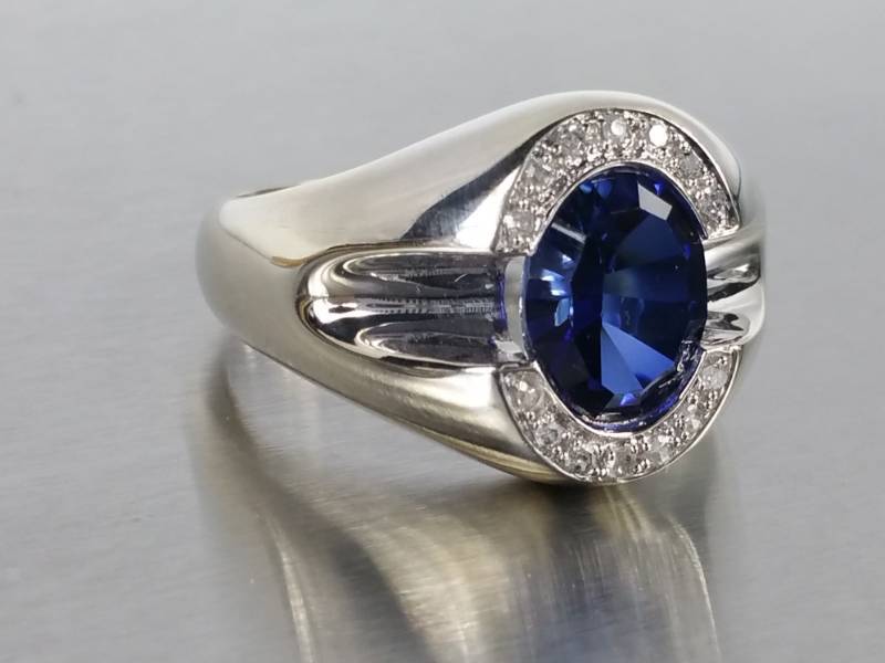Handsome Mens Sapphire and Diamond Estate Ring in 10k White Gold