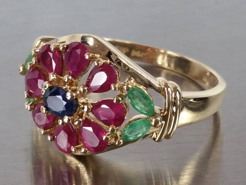 Natural Ruby, Emerald, Sapphire, and Diamond Estate Ring in 14k Gold
