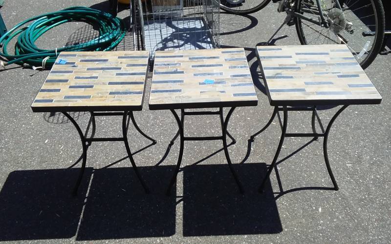 lot 3 image: 3-Pier I Heavy Metal Base Patio Side Tables With Stone Mosaic Tops 15x15x21