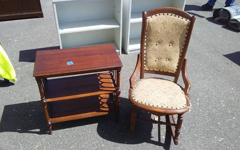 lot 29 image: Vintage Armless Rocker Button Back With Tack Upholstery & Fancy Parlor Table With Shelf 24x13x24