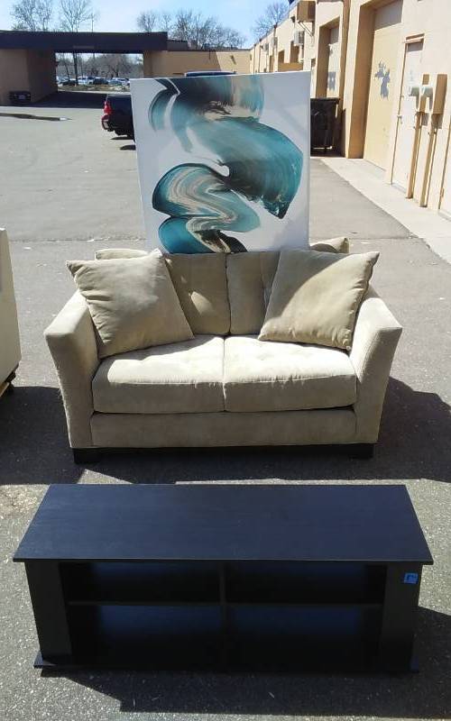 lot 30 image: Love Seat Tan Ulta-Suede 64 Inches, Canvas Picture 36x36, Coffee Table With TV Stand Shelf 48x15x18T