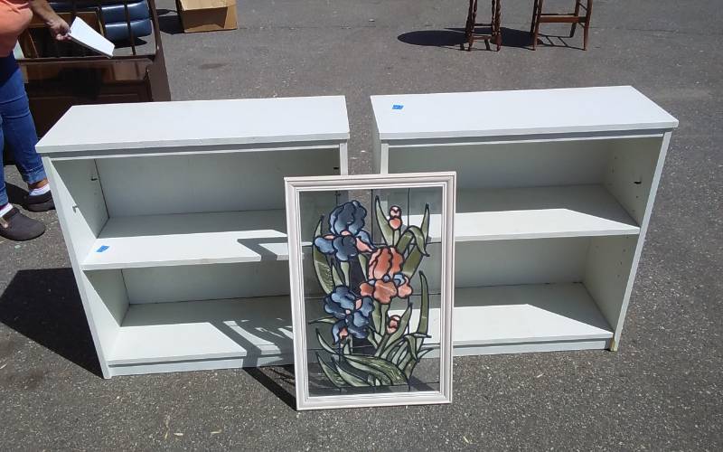 lot 33 image: 2-White Book Shelves & 1-Stain Glass Look Picture