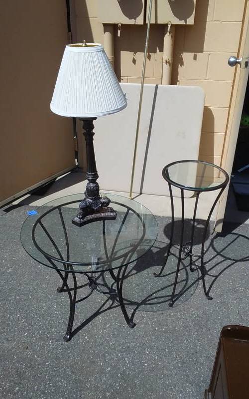lot 39 image: 2-Round Glass Top Tables With Wrought Iron Bases 24x12, 1-Lamp With Shade 28 Inches T
