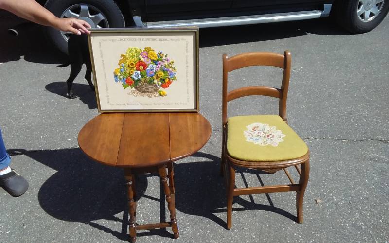 lot 36 image: Vintage Chair With Needle Point Seat Cute Little Gate Leg Side Table 21x10x21, Framed Needle Work