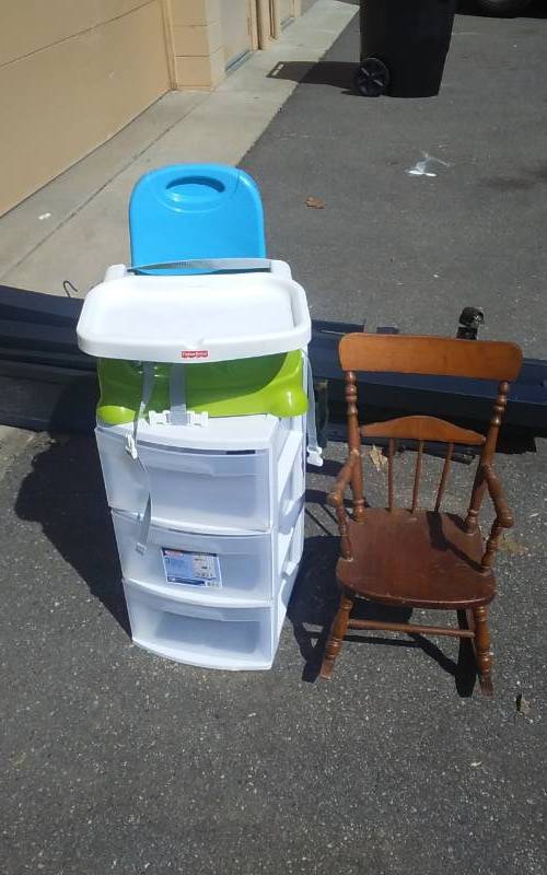 lot 41 image: 3-Drawer Organizer, Childs Rocker, Booster Seat With Tray