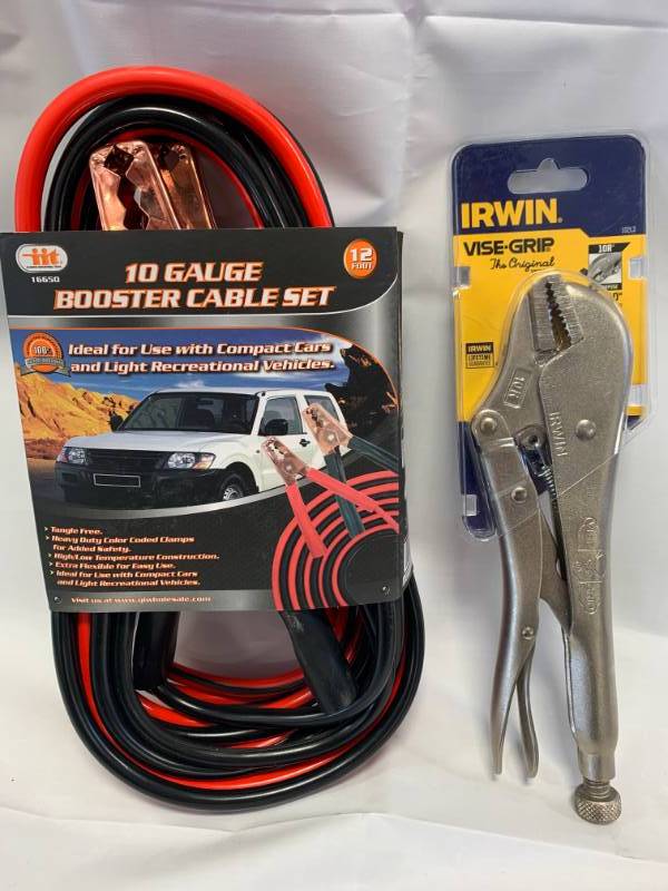 lot 64 image: 12 Booster Cables & Irwin 10 Vise Grips