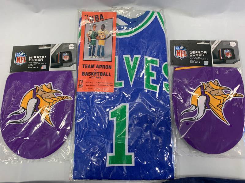 lot 65 image: Minnesota Timberwolves Apron & Hot Mitts plus 2 MN Vikings Vehicle Mirror Covers NEW
