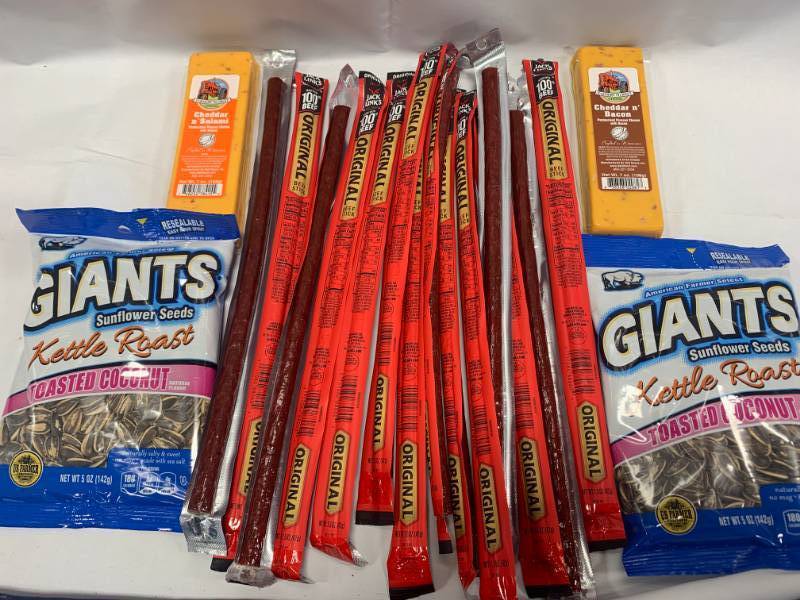 lot 98 image: Lot of 14 Jack Link Beef Sticks, Cheese, Giant Sunflower Seeds (all good dates)