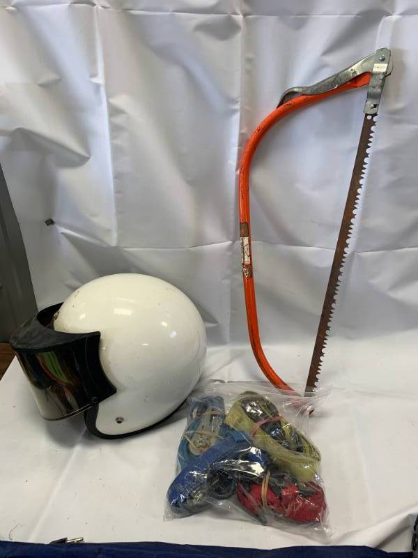 lot 108 image: Lot of 4 Tie Down Straps, Bow Saw, Motorcycle Helmet