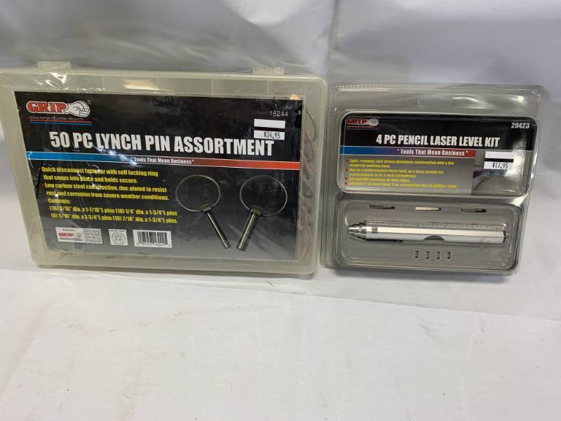 lot 112 image: 50pc Lynch Pin Set & 4pc Pencil Laser Level