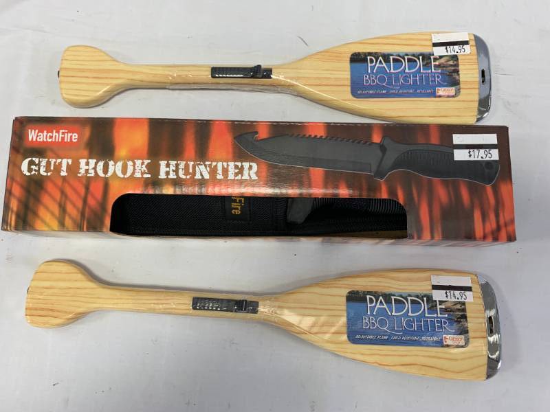 lot 113 image: Lot of 2 BBQ Lighters & Gut Hook Knife
