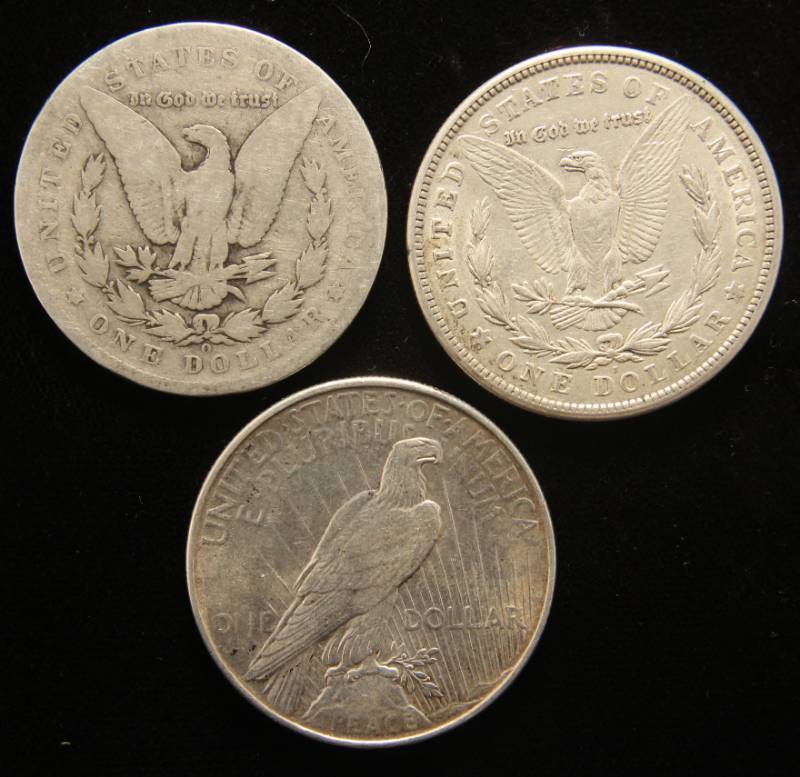 3 SILVER DOLLARS 1887-O 1921-S MORGAN 1922 PEACE