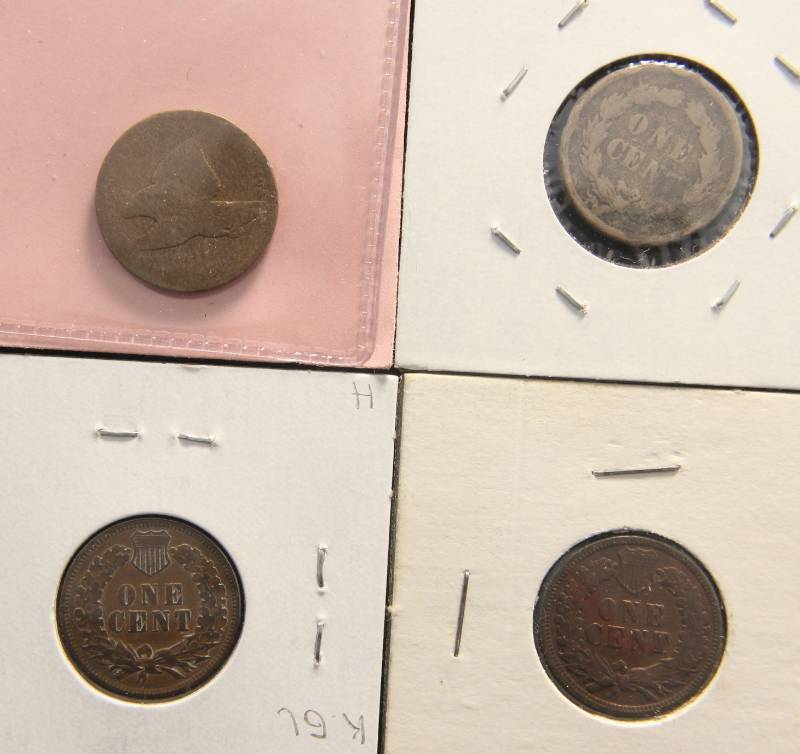 4 COINS 1858 FLYING EAGLE 1859 1899 1908 INDIAN HEAD CENTS