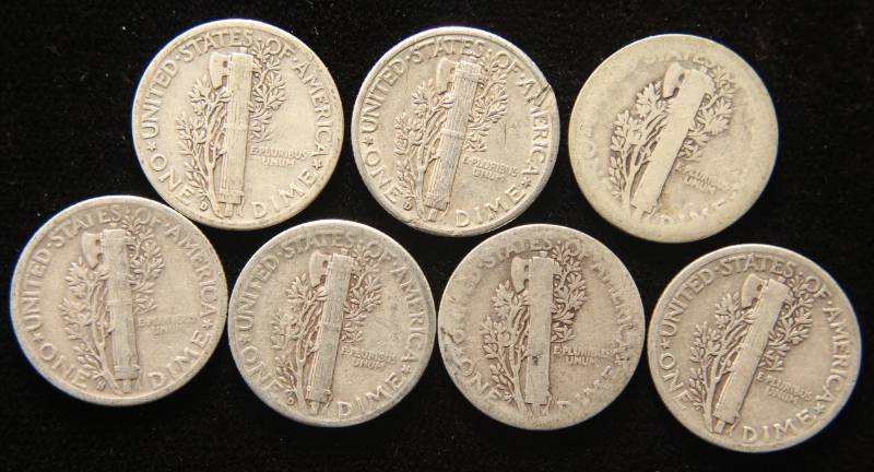 GROUP OF 7 MERCURY DIMES