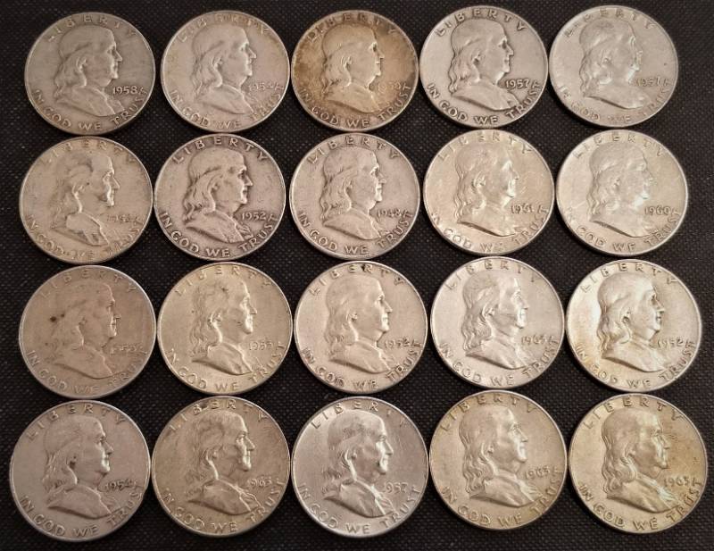 GROUP OF 20 FRANKLIN SILVER HALF DOLLARS VF-UNC