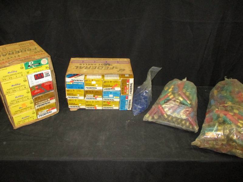 lot 28 image: Two Boxes Full of Empty Old Shell Boxes and 2 bags of Empty Cartridges