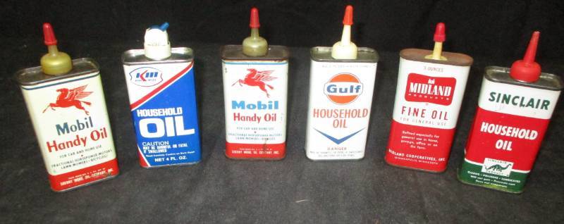 lot 42 image: Six Household Oilers, 2 Mobil, Sinclair, Midland, Gulf, Kerr-McGee